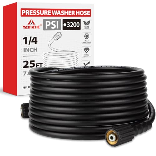 YAMATIC Pressure Washer Hose 25FT x 1/4', 3200 PSI Kink Resistant OEM-Quality Upgrade Power Washer Replacement/Extension with M22-14mm Brass Fittings for Ryobi, Troy Bilt, Greenworks, CRAFTSMAN
