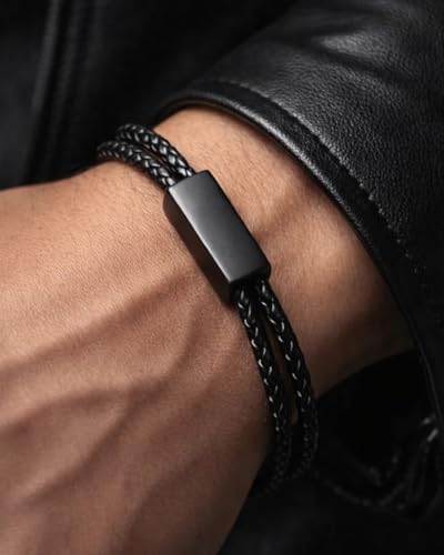 Pulsera ajustable de cuero negro trenzado para hombre miniatura 2