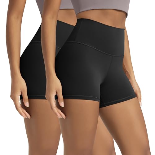 ODODOS ODCLOUD 2-Pack Yoga Shorts for Women 4" High Waist Buttery Soft Lounge Biker Shorts, Black+Black, Medium