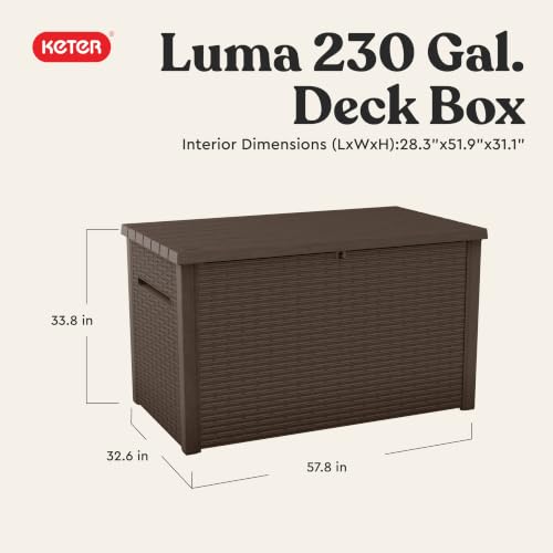 Image of Keter Luma 230 Gallon Deck Box - Extra Large Lockable Outdoor Storage Container, Weather-Resistant Resin, Soft-Close Lid, Rattan Design for Patio, Pool & Garden Storage