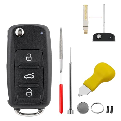 HYMOLKYE 3 Tasten für VW Schlüssel Gehäuse mit Schlüsselrohling-Pin-Entferner Batterie Schlüsselgehäuse Ersatz für VW VW Golf Polo Tiguan Caddy UP T5 Beetle EOS Seat Skoda Klapp Autoschlüssel Gehäuse