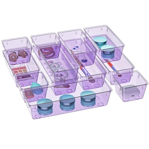 Image of WOWBOX 12 Pack Clear Drawer Organizer Set, Acrylic Drawer Storage Trays, Storage Bins for Makeup, Cosmetics, Jewelries, Utensils, Gadgets, Office, Purple