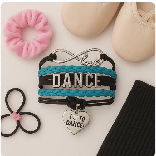 Infinity Collection Love Dance Bracelet - Teal and Black Braided Multi-Strand Adjustable Dance Accessories Charm Bracelet with I Love to Dance Heart Pendant for Dancers3
