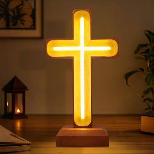 Handcrafted Wooden Cross Lamp for Spiritual Home Decor and Gifting, Cross Neon Sign with USB-Powered Warm Light for Bedside, Prayer Spaces, Christmas, Weddings, Baptism, Memorials