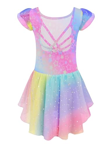 Image of Arshiner Girls Shiny Ruffle Sleeve Ballet Leotard with Skirt Criss-Cross Back Dance Dresses