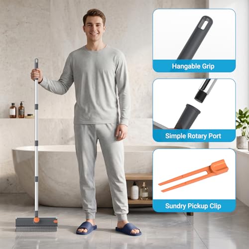 Image of Pool Scrub Brush with 52 inch Pole, 3 in 1 Pool Cleaning Brush with Squeegee, Floor Scrub Brush with Long Handle, Deck Brush for Swimming Pool Tile Wall Patio Concrete Gray
