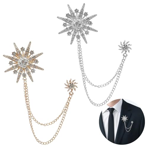 GYGYL 2PCS Crystal Men's Brooch Suit Pin Badge with Chains, Collar Lapel Pins for Men Shirt Decoration Metal Clips Women Tuxedo Tie Hat Scarf
