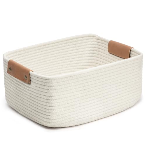 CHICVITA Rectangle Cotton Rope Woven Basket with Handles for Books Magazines Toys - Decorative Rectangle Basket for Baby Nursery Living Room Bathroom