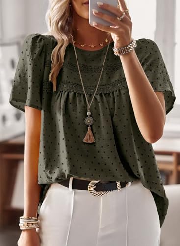 Image of Falechay Womens Summer Tops Crewneck Short Sleeve Shirts Casual Chiffon Blouses Flowy Lace Hem Boho Clothing Trendy 2026