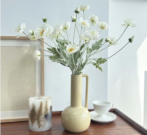 Mythlty Set of 6 White Poppies Flowers Artificial for Vase, Faux Wildflowers with Long Stems, Silk Flowers Arrangement for Wedding Party Farmhouse Home Office Indoor Kitchen Dining Table Decoration