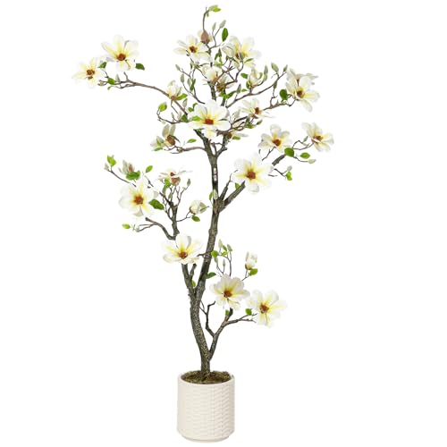 5FT Faux Magnolia Plants Artificial Flower Trees Fake Plants For Yard Patio Home Office Arrangement Decor Indoor Outdoor Artificial Magnolia Tree Inc. 120 Realisc Flowers Vivid Leaves Mosses White Pot