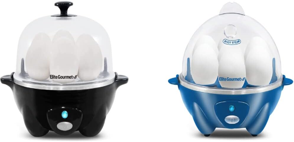Bundle of Elite Gourmet EGC-007B# Rapid Egg Cooker, Black + Elite Gourmet EGC700BL# Rapid Egg Cooker, Ocean, 7 Easy-To-Peel, Hard, Medium, Soft Boiled Eggs, Poacher, Omelet Maker