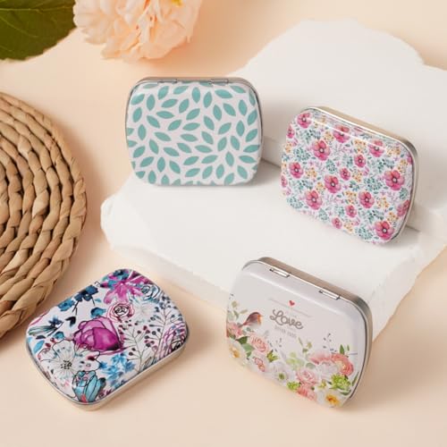 4PCS Mini Hinged Tin Boxes - Assorted Floral Designs for Hair Ties, Candy & Keys - Portable Travel Metal Storage Containers