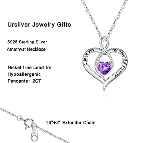 Ursilver Love Heart Amethyst Birthstone Necklace - S925 Sterling Silver Birthstone Necklace February Birthstone Necklace Christmas Gifts Mothers Day Gifts Jewelry Gifts For Women Mom Wife Grandma #TOP3