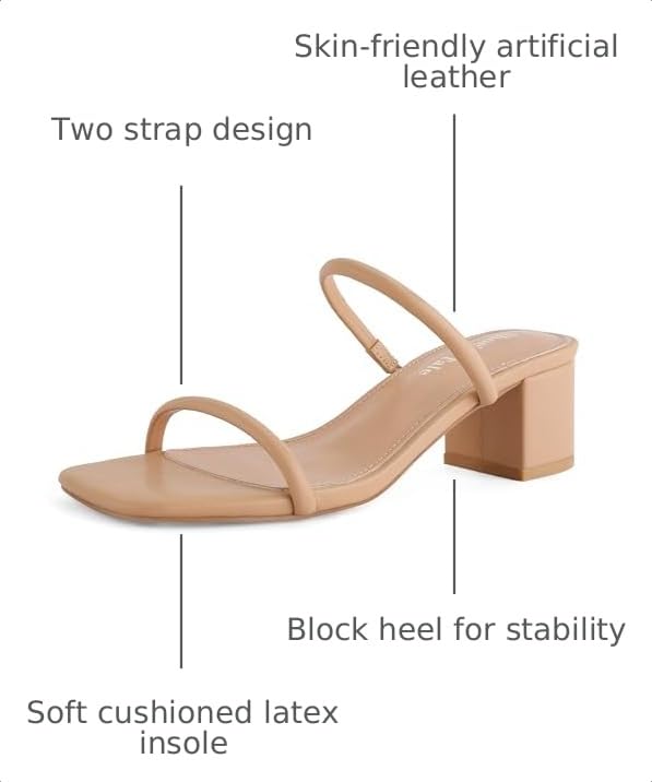Image of Shoe'N Tale Strappy Heels for Women Square Open Toe Two Strap Low Block Heel Slip on Dressy Sandals Shoes