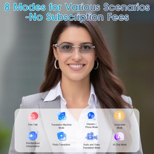 Image of AI Smart Glasses for Men & Women,Spring-hinged Bluetooth 6.0 Smart Glasses with 164 Languages (Real-Time Translation), Photochromic Lens,Free App,Rimless AI Translator Glasses for Work /Travel (Black