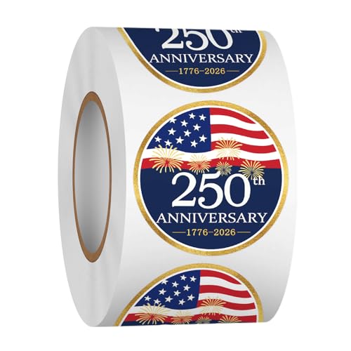Heyfibro 500 PCS 1.5 Inch 250th Anniversary Stickers Roll Semiquincentennial Stickers for Independence Day Events Party Favors Gift Packing Cards Candy Bags (250th Anniversary 1)