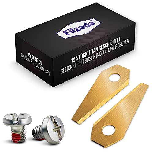 Filzada® 15x Cuchillas de titanio adecuadas para el robot cortacésped Indego de Bosch - con tornillos - Cuchillas de cortacésped compatibles con todos los robots cortacésped de Bosch, s400, s350, s500