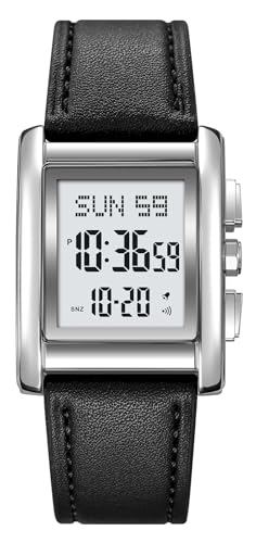 Gosasa Fashion Mens Watches Digital Watch Stainless Steel Casual Sport Waterproof Rectangle Watches with Luminous Display (T Silver Black)