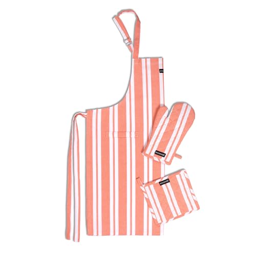 Image of Encasa XO 100% Cotton Apron Set for Women & Men with Adjustable Apron, Oven Gloves & Pot Holder (Pack of 3) Combo, Heat-Resistant, Soft & Durable for Cooking, Baking & Grilling (Franca Orange Stripes)