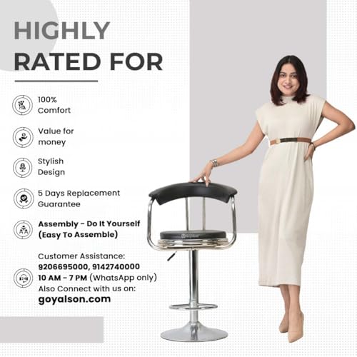 Image of GOYALSON Metal Classic Height Adjustable and Revolving Bar Stool Kitchen Chair (2, Black), 94 cm, 49.53 cm, 43.2 cm