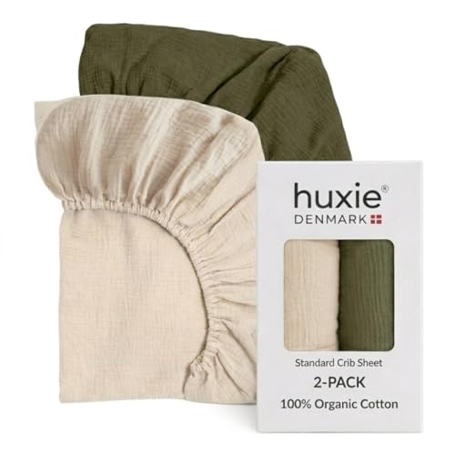 Image of Crib Sheets - Organic Cotton Muslin Fitted Crib Sheet - Standard Size for Baby Boys 28 inch x 52 inch Ultra-Soft and Breathable. 2-Pack (Fog /Sage Green)