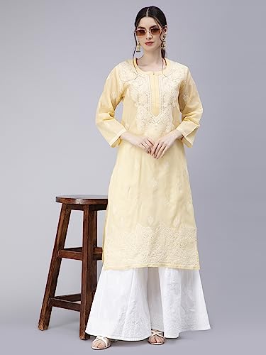 Image of Seva Chikan Hand Embroidered Lucknowi Chikankari Cotton Kurta Kurti for Women SCL4316