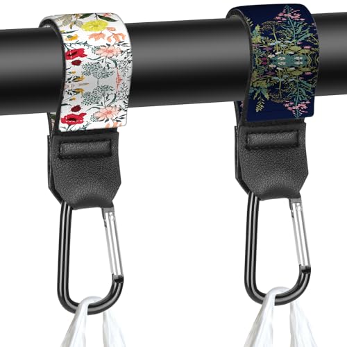 Stroller Straps, Mommy Hooks Diaper Bags, Universal Shopping cart, Wallet, Backpack - 2 Packs (White Flowers + Black Flowers)