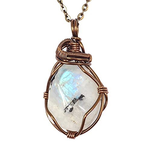 Designs by Nature Gems Handmade Women’s Rainbow Moonstone Necklace 24 Inch Chain Antique Bronze, June Birthstone