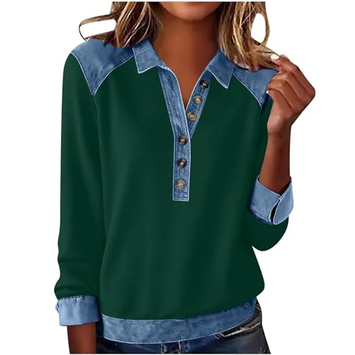 Long Sleeve Shirts for Women Button V Neck Denim Patchwork Stitching Sweatshirt Fashion Casual Pullover Tops Outfits