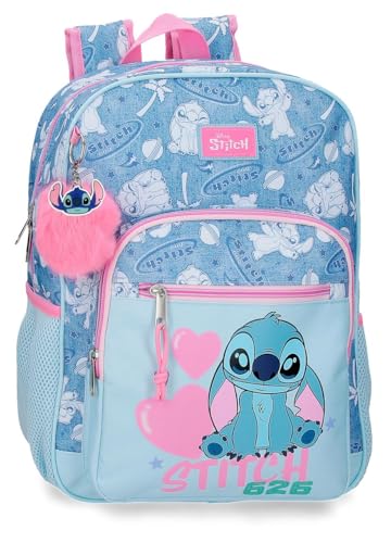 Mochila infantil Disney Stitch Hearts de poliéster con bolsillos laterales y tirantes