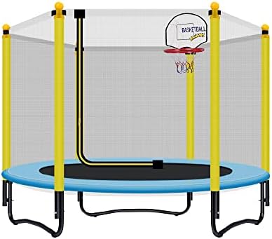 60" Kids Trampoline with Safety Enclosure Net, 5FT Toddler Indoor & Outdoor Trampoline/w Basketball Hoop - Parent-Child Interactive Game Fitness Trampoline Toy Gift for Boys and Girls Age 1-8