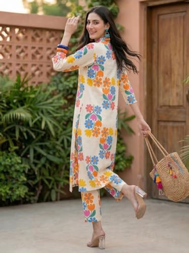 Image of INDO ERA Women Cotton White Printed Straight Kurta Pant Set