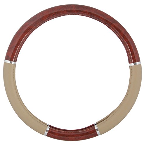 BDK Dark Wood Grain and Beige Faux Leather Steering Wheel Cover #TOP5