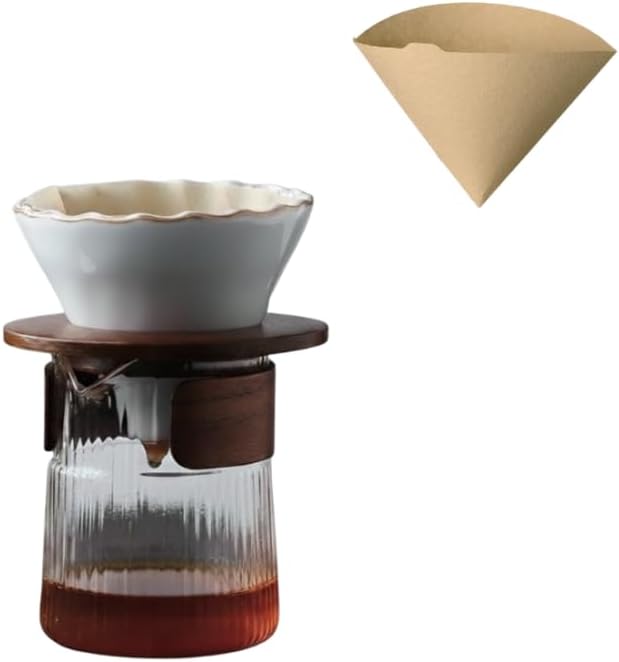 Ceramic Pour Over Coffee Maker Set with Glass Jug, Walnut Wood Base, Heat-Resistant Server, Compatible with 01 Filter Paper (Blue)