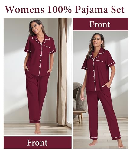 Image of CF Womens 100% Cotton Pajamas Set Button Down Pjs Sets Short Sleeve Top & Long Pants Sleepwear Comfy Loungewear with Pockets