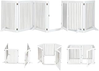 COSTWAY 366cm Extra Wide Dog Gate, Freestanding Foldable Pet Fence with Lockable Door and 4 Support Feet, 6 Panel Wooden Dogs Safety Barrier for Doorway Stairs