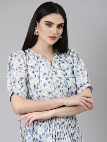 Image of SHOWOFFFF Women Printed Fit and Flare Casual Dress | Sweetheart Neck 3 /4th Sleeves Cotton Dress for Womens | Knee Length Dress for Women's