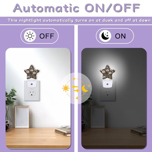 Image of Brown Flowers Night Lights Plug Into Wall,White Floral Dusk to Dawn Light Sensor Night Light for Kids,Energy Efficient Sleep Friendly Lamp for Bedroom Bathroom Nursery