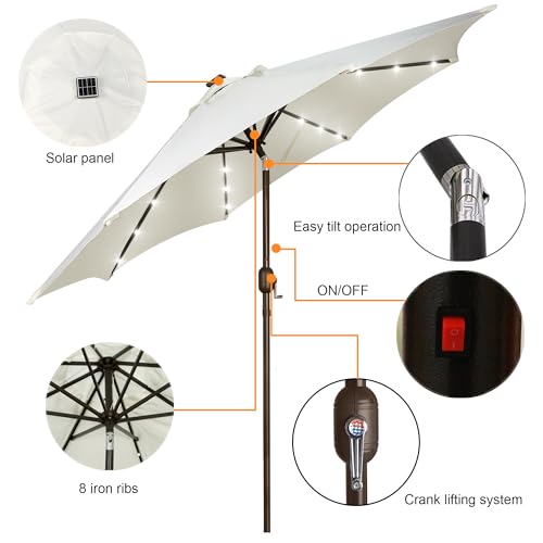 Image of Blissun 9 ft Solar Umbrella, 32 LED Lighted Patio Umbrella, Table Market Umbrella, Outdoor Umbrella for Garden, Deck, Backyard, Pool and Beach (Creamy White)