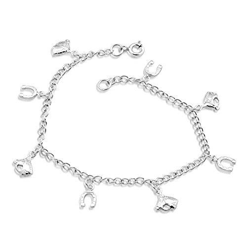 WithLoveSilver Sterling Silver 925 Charm Horse Head and Horse Shoes Link Bracelets 7.5 Inches