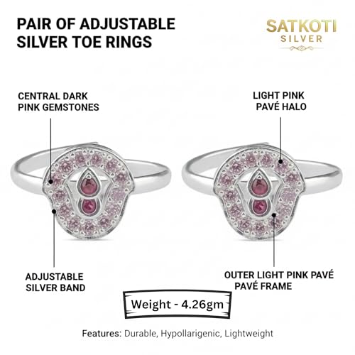 Image of SATKOTI 925 Silver Toe Rings for Women | Adjustable Pure Metal Bichiya with AAA Quality CZ Stone| BIS Hallmarked Jewelry with Authenticity Certificate | Pair of 2 Metti