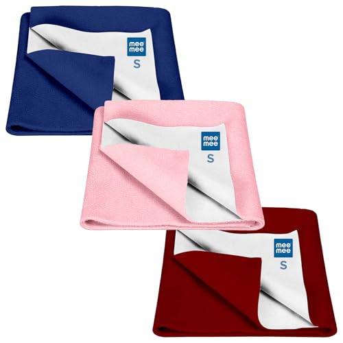 Image of Mee Mee Reusable Water Proof Cotton Bed Protector Sheet /Extra Absorbent Mat /Dry Sheets /Urine Sheet /Dry Mat Pack of 3 (Small, Maroon,Navy Blue & Pink)(50CmX70Cm)