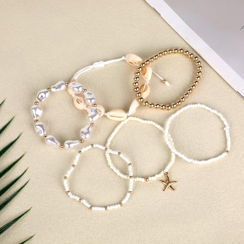 6pcs Summer Beach Bracelets, Stackable Seashell Starfish Boho Women Elastic Sea Shell Beaded Bracelet Heishi Surfer Jewelry Decoration Accessories and Gifts for Summer Beach Vacation Party3