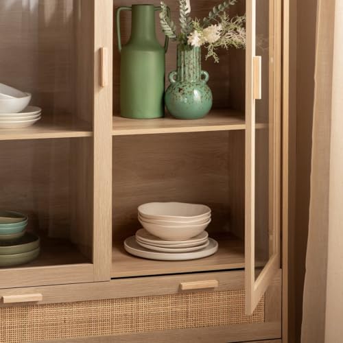 KLAST Vitrina en Madera y ratán Natural con Dos Puertas acristaladas, Tres estantes y Dos cajones para Almacenamiento. Medidas: 100 cm x 170 cm - imagen 4