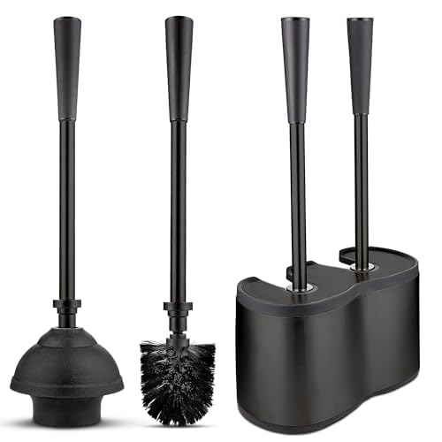 UMIEN 2 Pack Toilet Brush and Plunger Set 18-in - Updated 2025 No-Rust - Stainless Steel Design - Long Handles - with Freestanding Canister (Matte Black)