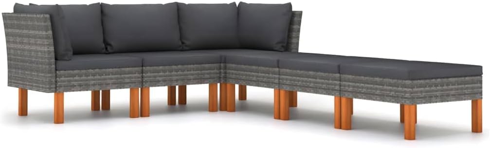 vidaXL 6 Piece Patio Lounge Set with Cushions- Gray Poly Rattan and Solid Eucalyptus Wood - Farmhouse Meets Modern Style for Outdoor Comfort and Relaxation