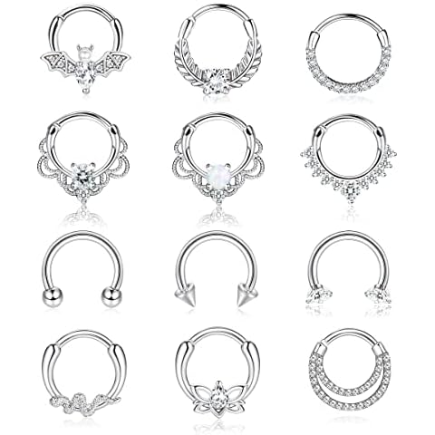 ADRAMATA 12Pcs 16G Nose Ring Hoop Clicker Hinged Septum Rings Set Surgical Steel CZ Opal Cartilage Daith Hoop Earrings Helix Piercing Jewellery Nose Piercing Nose Rings Silver Cover
