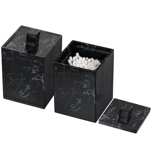 Jung Ford 2-Pack Marble Pattern Cotton Swab Holders with Lids, Resin Bathroom Vanity Storage Jars, Square Qtip Containers for Cotton Balls, Pads, and More (Black)