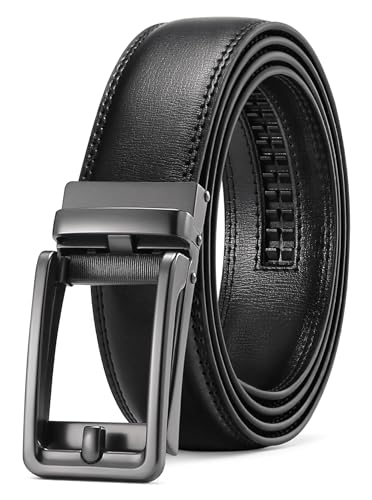 Men's Leather Belt Automatic Ratchet Buckle Slide Belt - Trim to Fit Dress & Casual Belts with Gift Box